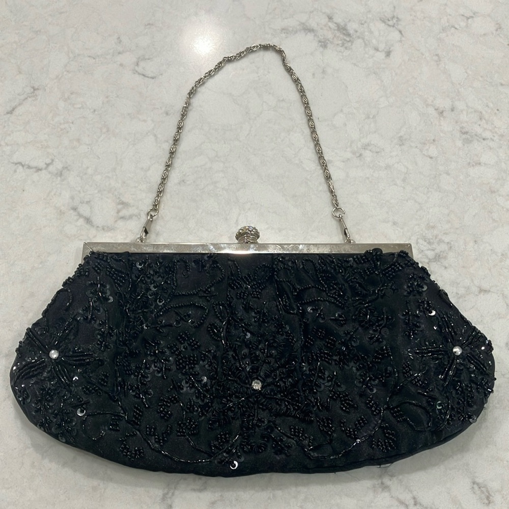 Black Beaded Satin Evening‎ Bag Removable Chain Handle -EUC